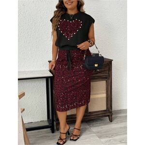 SHEIN LUNE | Pearl Studded Heart Leopard Print T-Shirt And Bodycon Skirt